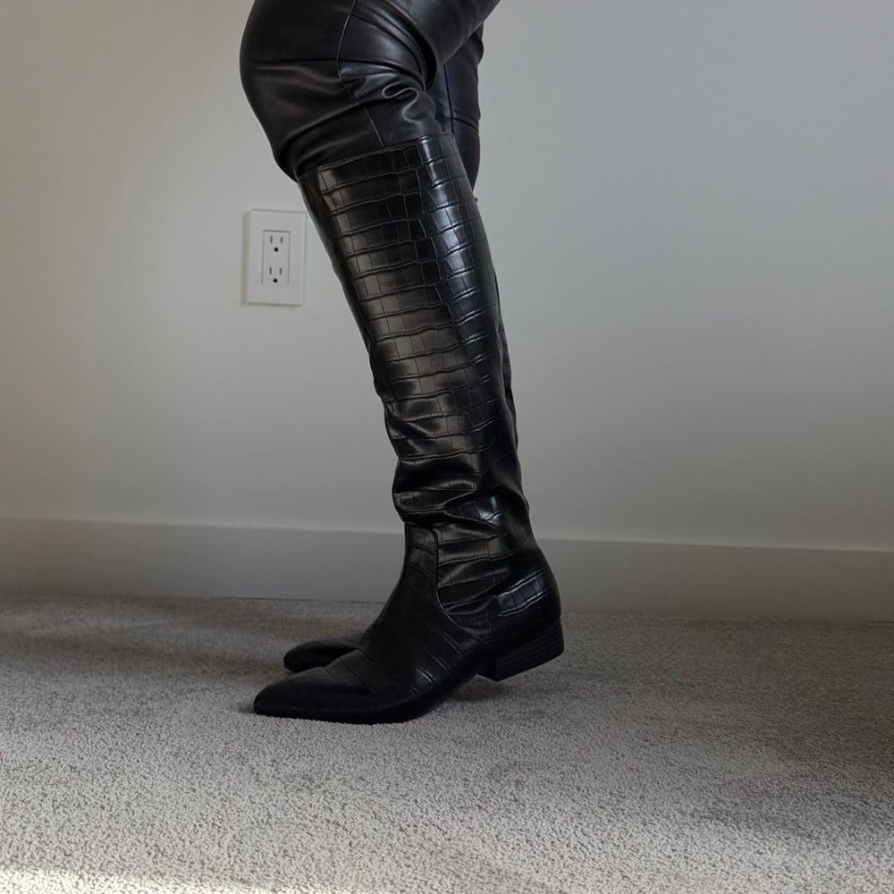 Black Croc-Embossed Knee-High Boots